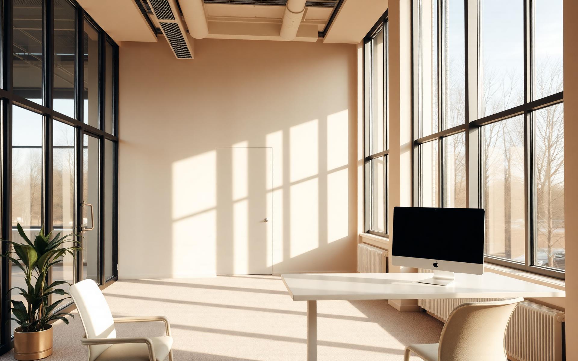 Luxury office interior with floor-to-ceiling windows and iMac